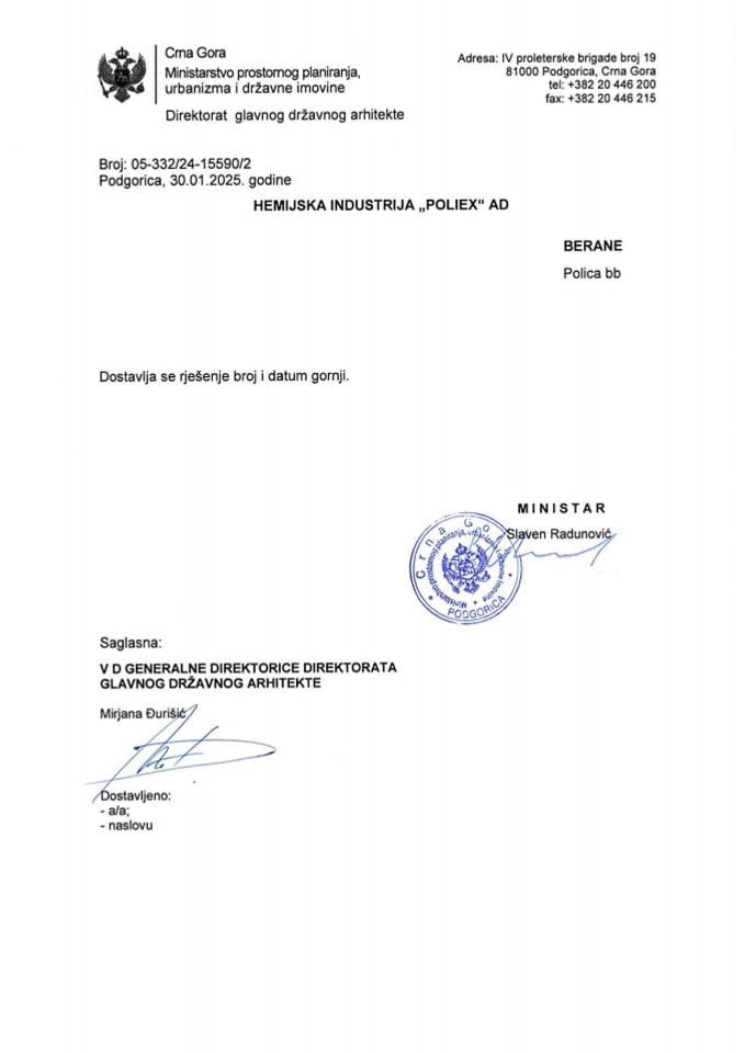 Rješenja glavnog državnog arhitekte - 30.01.2024 Rješenje -HI POLIEX AD, Berane -Opština Berane