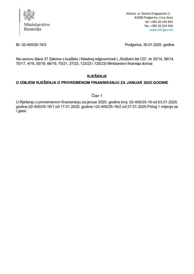 Rješenje o izmjeni rješenja o privremenom finansiranju za januar 2025. godine