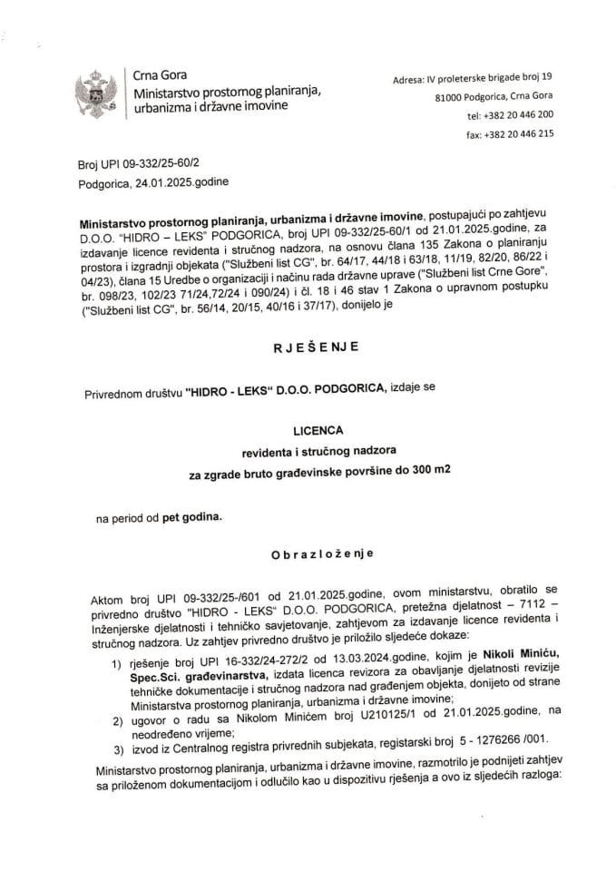 Licence revidenta i stručnog nadzora - UPI 09-332-25-60-2 DOO HIDRO-LEKS