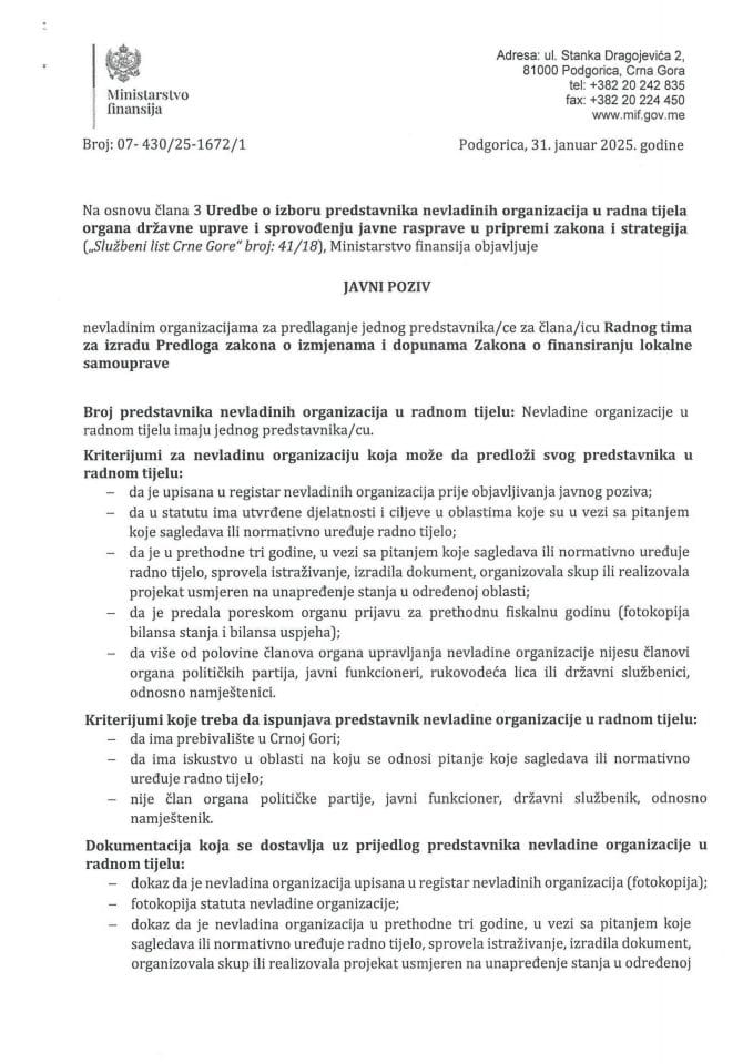 JAVNI POZIV  nevladinim organizacijama za predlaganje jednog predstavnika/ce za člana/icu Radnog tima za izradu Predloga zakona o izmjenama i dopunama Zakona o finansiranju lokalne samouprave