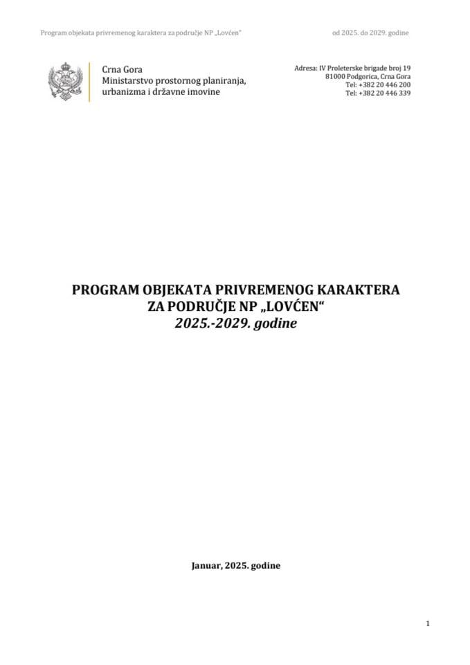 Program objekata privremenog karaktera za područje NP Lovcen 2025-2029 godine