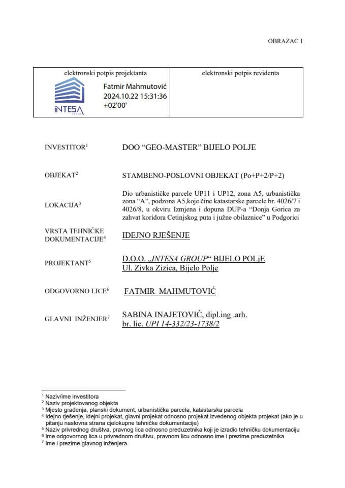 Idejna rješenja - 31.12.2024 IR -GEO-MASTER DOO, Bijelo Polje -Glavni grad Podgorica
