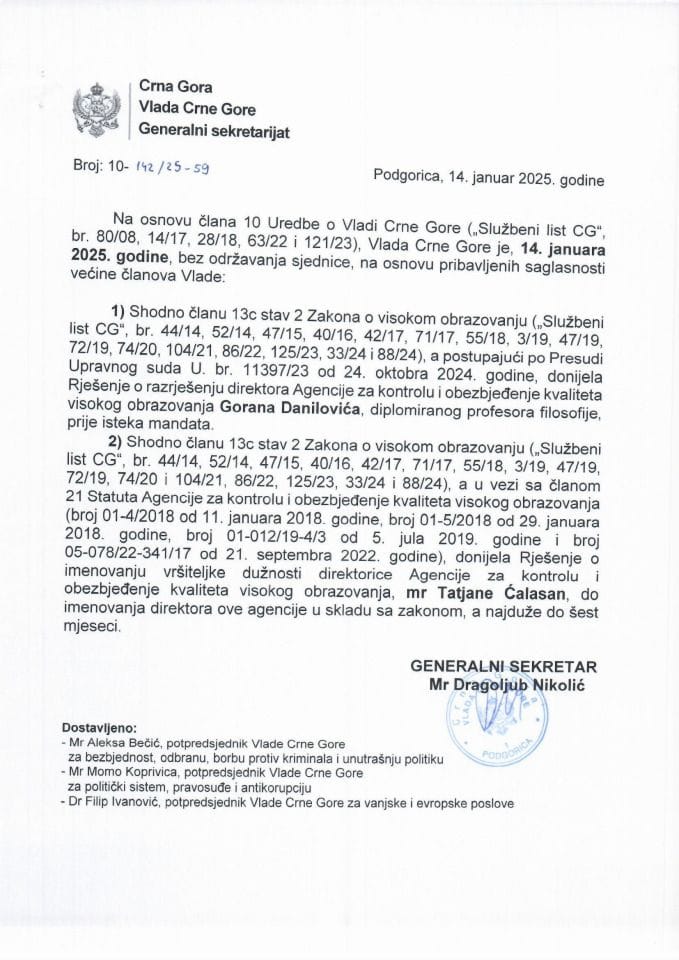 Kadrovska pitanja - 14.01.2024. - zaključci