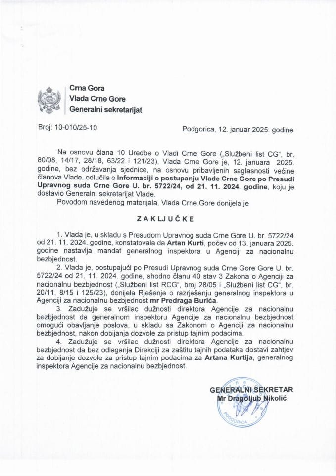 Информација о поступању Владе Црне Горе по пресуди Управног суда Црне Горе У. бр. 5722/24, од 21. 11.2024. године - закључци