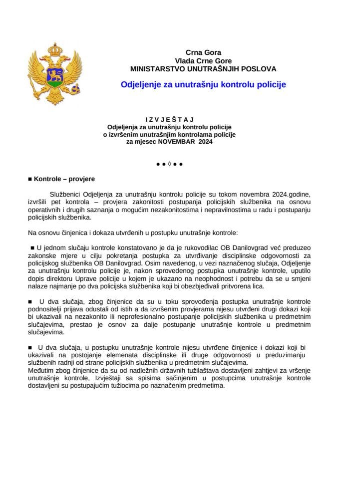 Izvještaj o postupanju po kontrolama i pritužbama za novembar 2024. godine