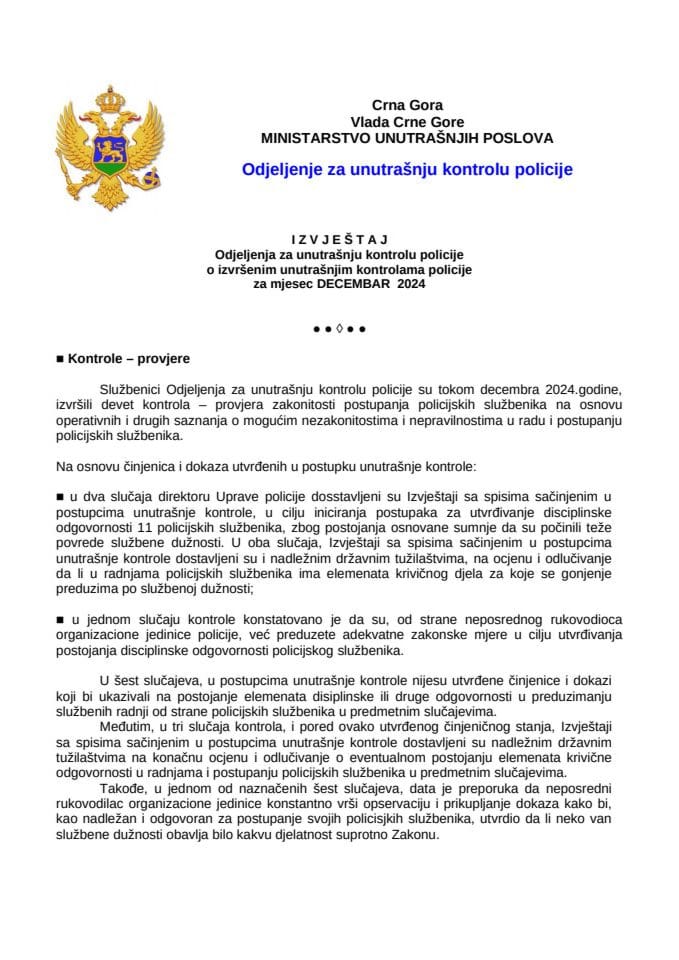 Izvještaj o postupanju po kontrolama i pritužbama za decembar 2024. godine