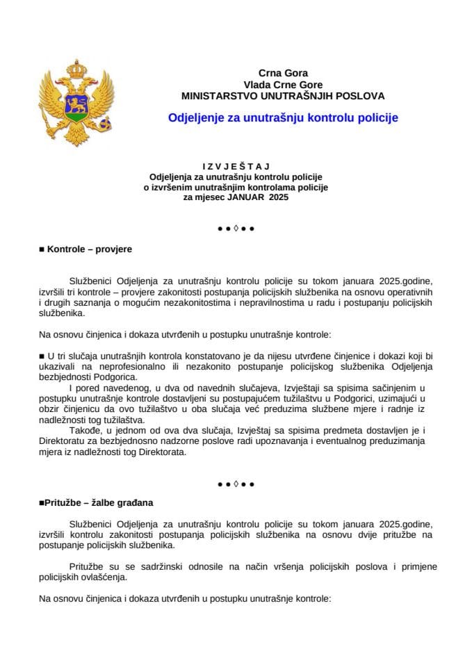 Izvještaj o postupanju po kontrolama i pritužbama za januar 2025. godine