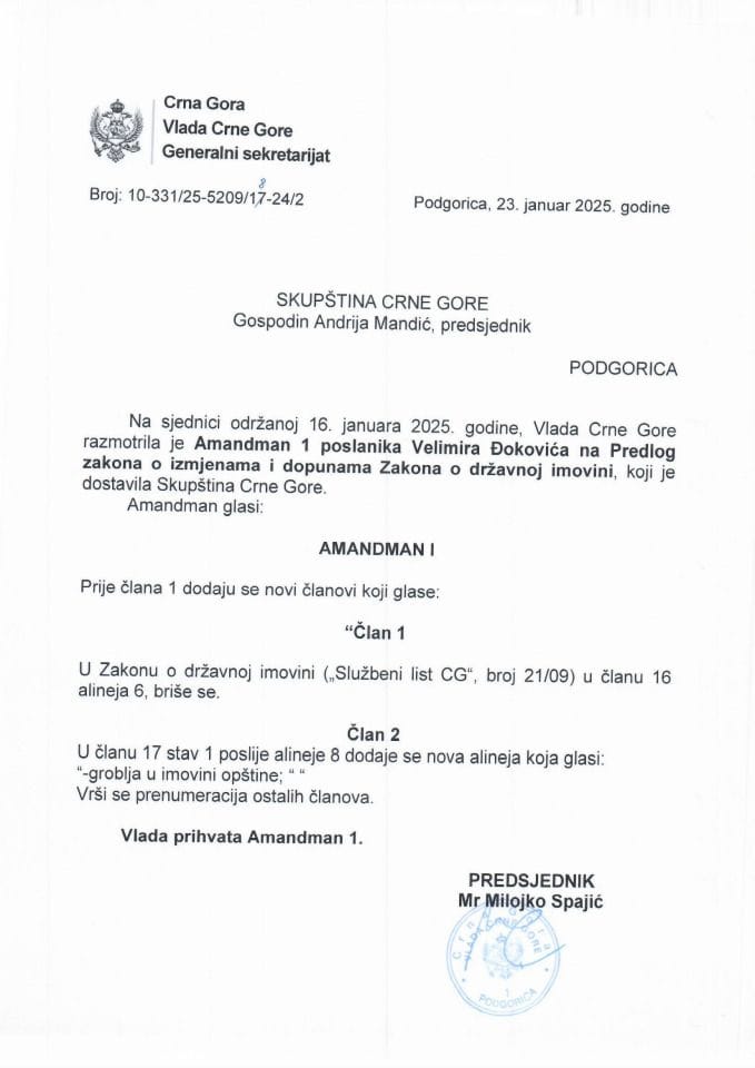 Predlog mišljenja na Amandman 1 na Predlog zakona o izmjenama i dopunama Zakona o državnoj imovini (predlagač poslanik Velimir Đoković) - zaključci