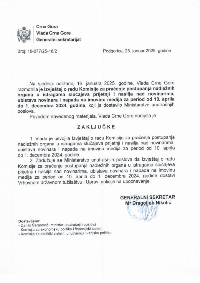 Izvještaj o radu Komisije za praćenje postupanja nadležnih organa u istragama slučajeva prijetnji i nasilja nad novinarima, ubistava novinara i napada na imovinu medija, za period od 10. aprila 2024. godine do 1. decembra 2024. godine - zaključci