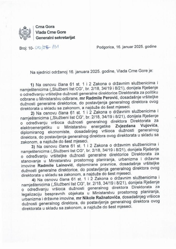 Kadrovska pitanja sa 64. sjednice Vlade Crne Gore - zaključci