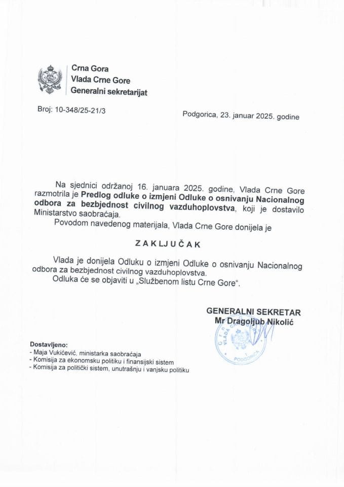 Predlog odluke o izmjeni Odluke o osnivanju Nacionalnog odbora za bezbjednost civilnog vazduhoplovstva - zaključci