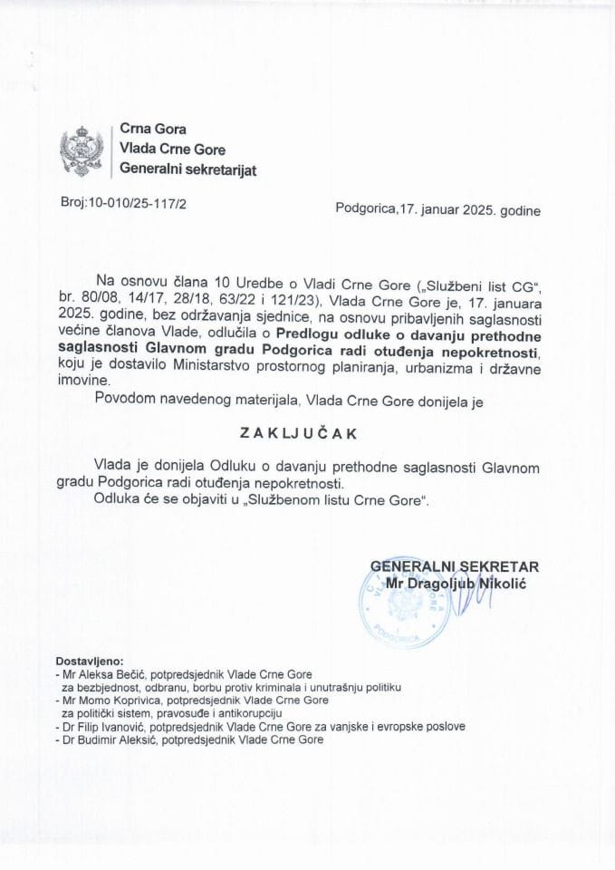 Predlog odluke o davanju prethodne saglasnosti Glavnom gradu Podgorica radi otuđenja nepokretnosti - zaključci