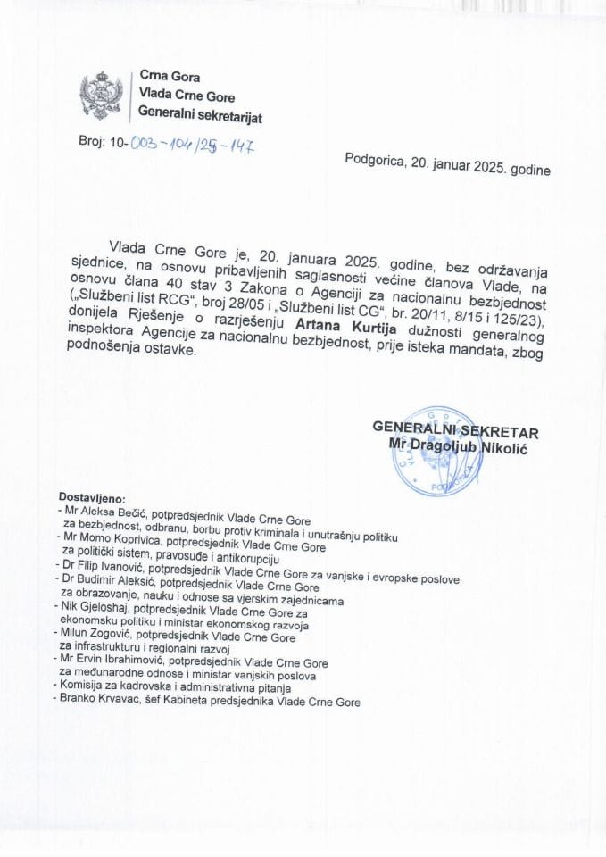 Кадровска питања са телефонске сједнице одржане 20. јануара 2025. године - закључци