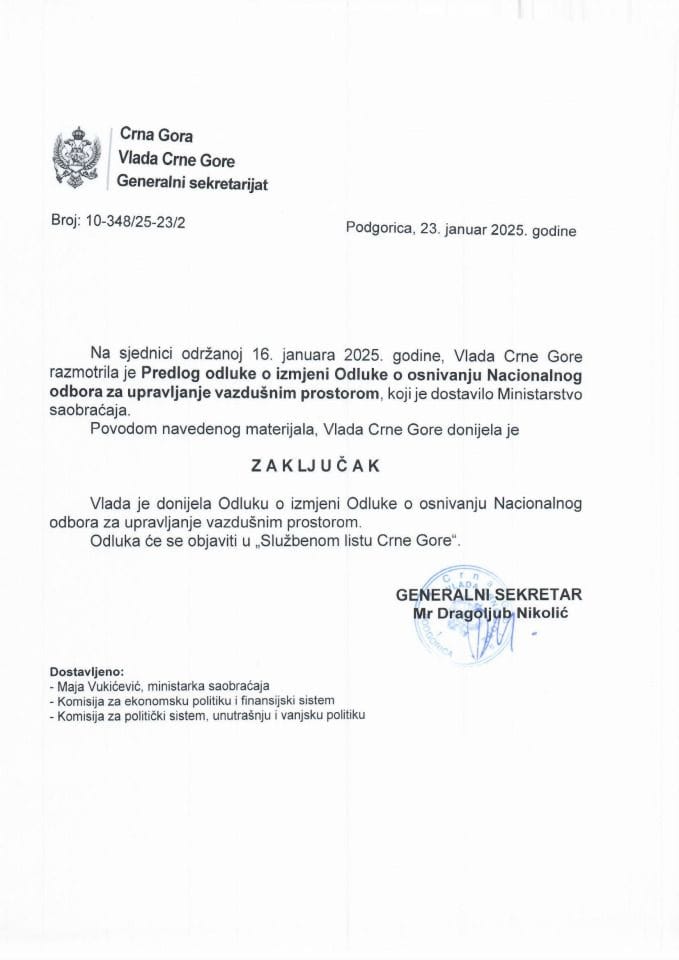 Predlog odluke o izmjeni Odluke o osnivanju Nacionalnog odbora za upravljanje vazdušnim prostorom - zaključci