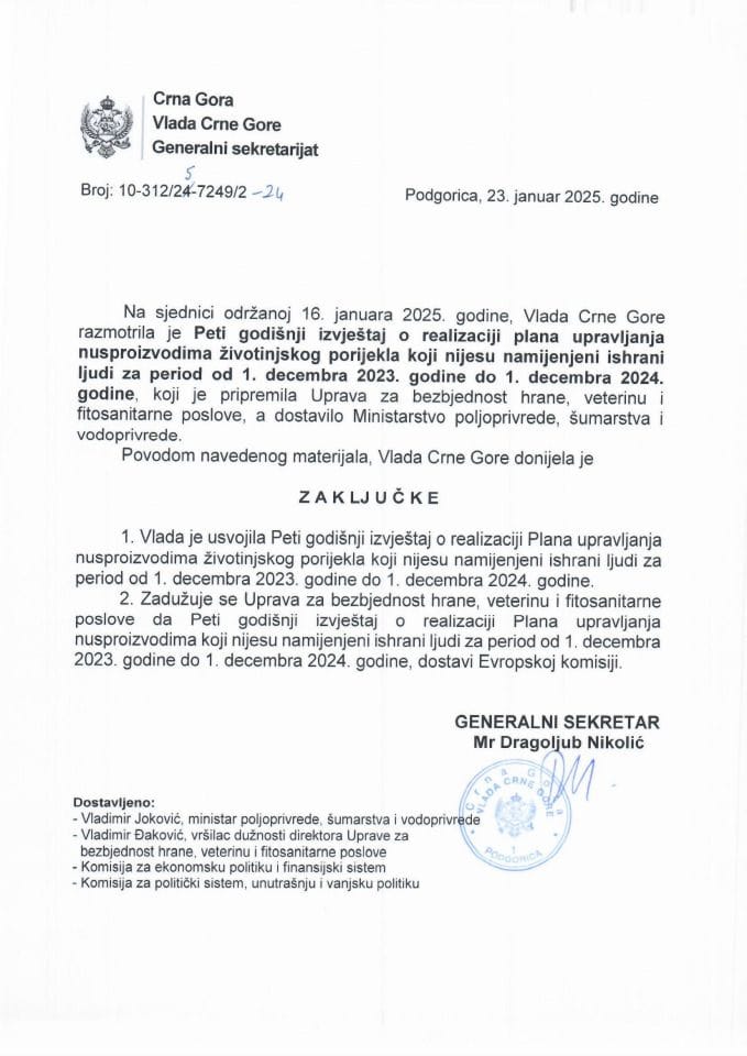 Peti godišnji izvještaj o realizaciji Plana upravljanja nus proizvodima životinjskog porijekla koji nijesu namijenjeni ishrani ljudi za period od 1. decembra 2023. godine do 1. decembra 2024. godine - zaključci