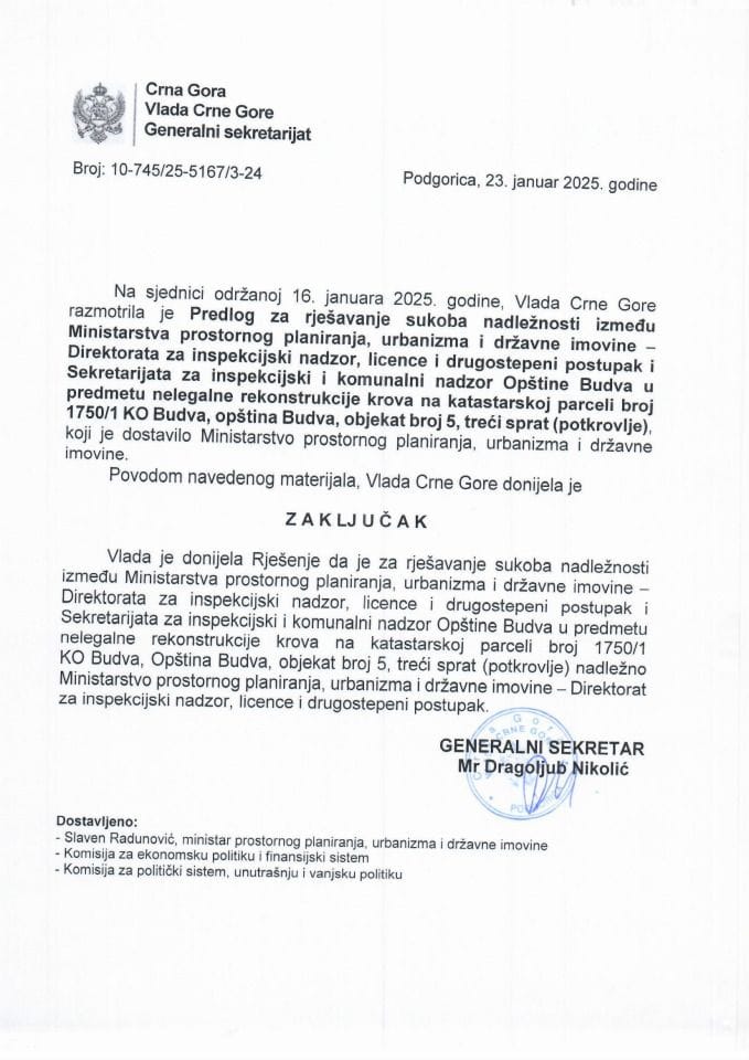 Predlog za rješavanje sukoba nadležnosti između Ministarstva prostornog planiranja, urbanizma i državne imovine - zaključci