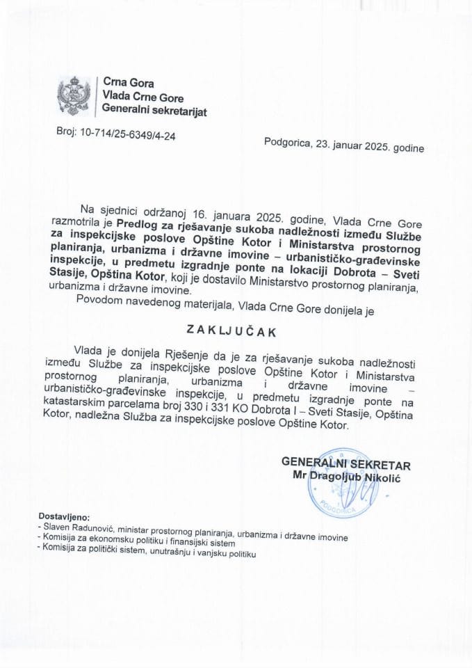 Предлог за рјешавање сукоба надлежности између Службе за инспекцијске послове општине Котор и Министарства просторног планирања, урбанизма и државне имовине - Урбанистичко - закључци