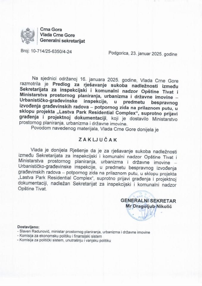Predlog za rješavanje sukoba nadležnosti između Sekretarijata za inspekcijski i komunalni nadzor Opštine Tivat i Ministarstva prostornog planiranja, urbanizma i državne imovine - zaključci