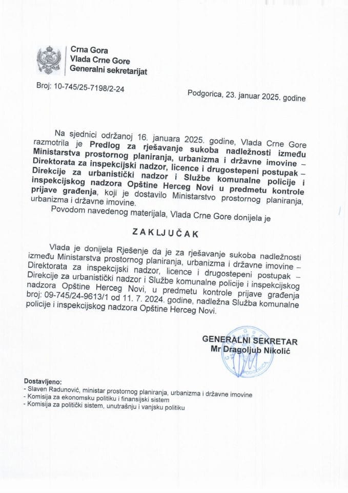 Predlog za rješavanje sukoba nadležnosti između Ministarstva prostornog planiranja, urbanizma i državne imovine - Direktorata za inspekcijski nadzor, licence i drugostepeni postupak - zaključci