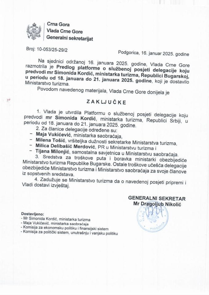 Predlog platforme o službenoj posjeti delegacije, koju predvodi mr Simonida Kordić, ministarka turizma, Republici Bugarskoj, u periodu od 18.01. do 21.01.2025. godine - zaključci