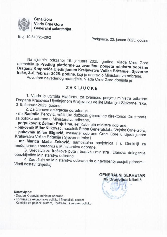 Predlog platforme za zvaničnu posjetu ministra odbrane Dragana Krapovića Ujedinjenom Kraljevstvu Velike Britanije i Sjeverne Irske, 3 - 6. februar 2025. godine - zaključci