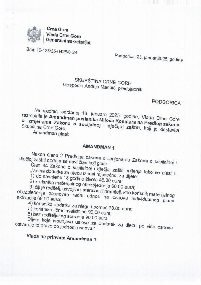 Предлог мишљења на Амандман на Предлог закона о измјенама Закона о социјалној и дјечјој заштити (предлагач посланик Милош Конатар) - закључци