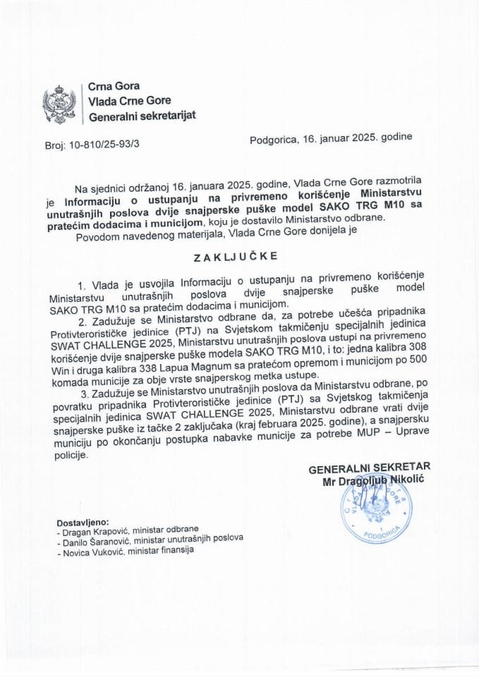 Informacija o ustupanju na privremeno korišćenje Ministarstvu unutrašnjih poslova dvije snajperske puške model SAKO TRG M10 sa pratećim dodacima i municijom - zaključci