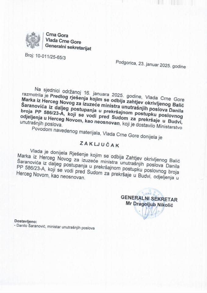 Predlog rješenja kojim se odbija zahtjev okrivljenog Balić Marka iz Herceg Novog za izuzeće ministra unutrašnjih poslova Danila Šaranovića iz daljeg postupanja u prekršajnom postupku poslovnog broja PP 586/23-A - zaključci