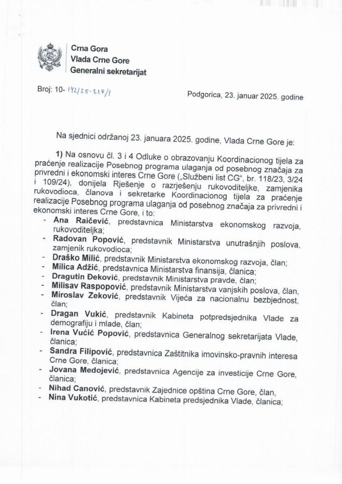 Кадровска питања са 65. сједнице Владе Црне Горе - закључци