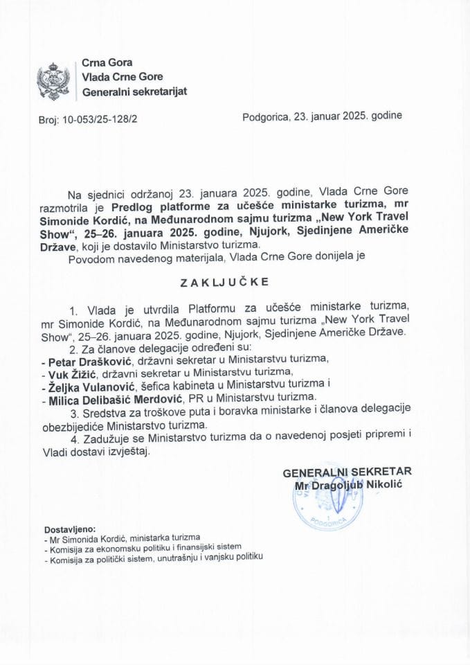 Predlog platforme za učešće ministarke turizma mr Simonide Kordić na Međunarodnom sajmu turizma „New York Travel Show“, 25 - 26. januara 2025. godine, Njujork, Sjedinjene Američke Države - zaključci