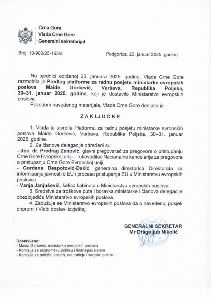 Predlog platforme za radnu posjetu ministarke evropskih poslova Maide Gorčević, Varšava, Republika Poljska, 30-31. januar 2025. godine - zaključci