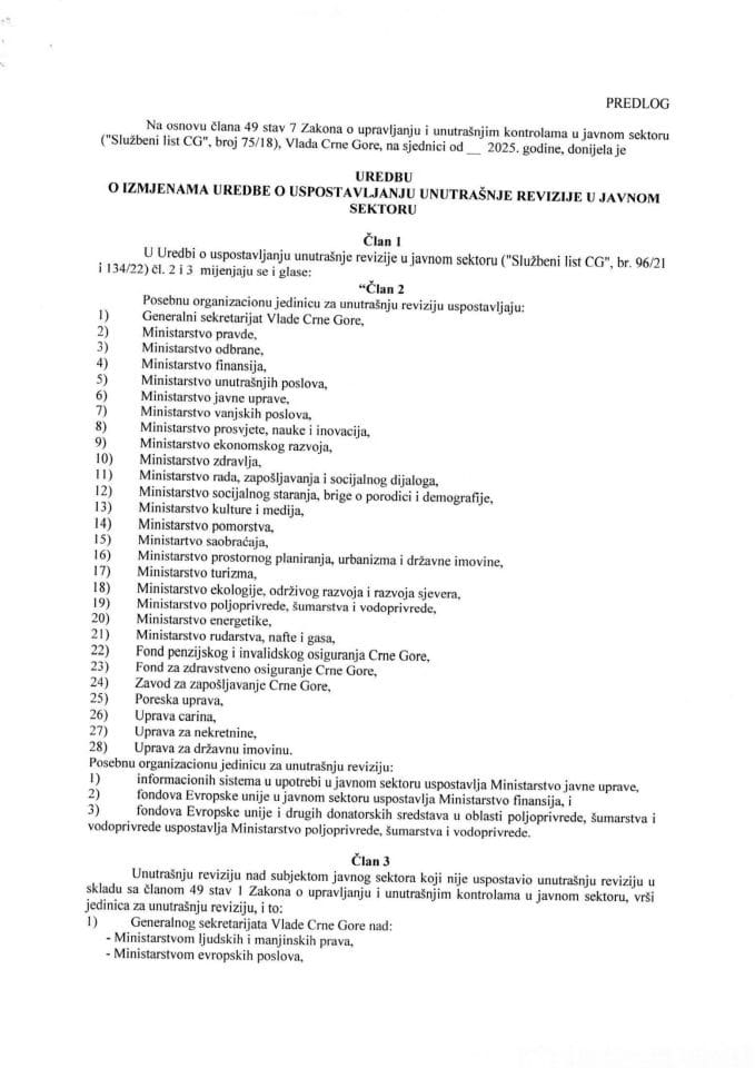 Предлог уредбе о измјенама Уредбе о успостављању унутрашње ревизије у јавном сектору