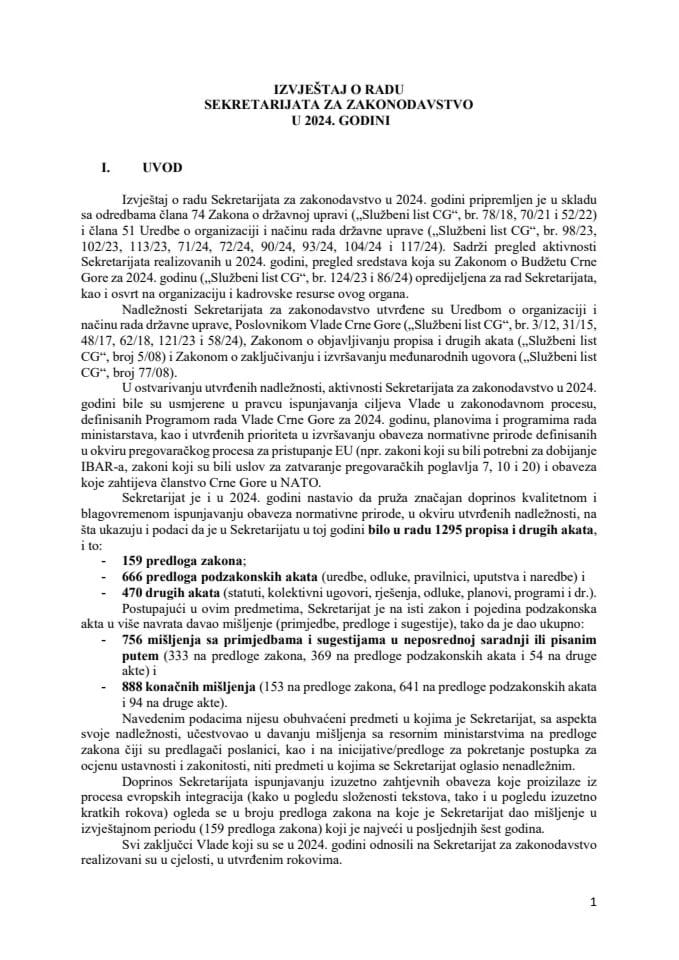 Извјештај о раду Секретаријата за законодавство у 2024. години