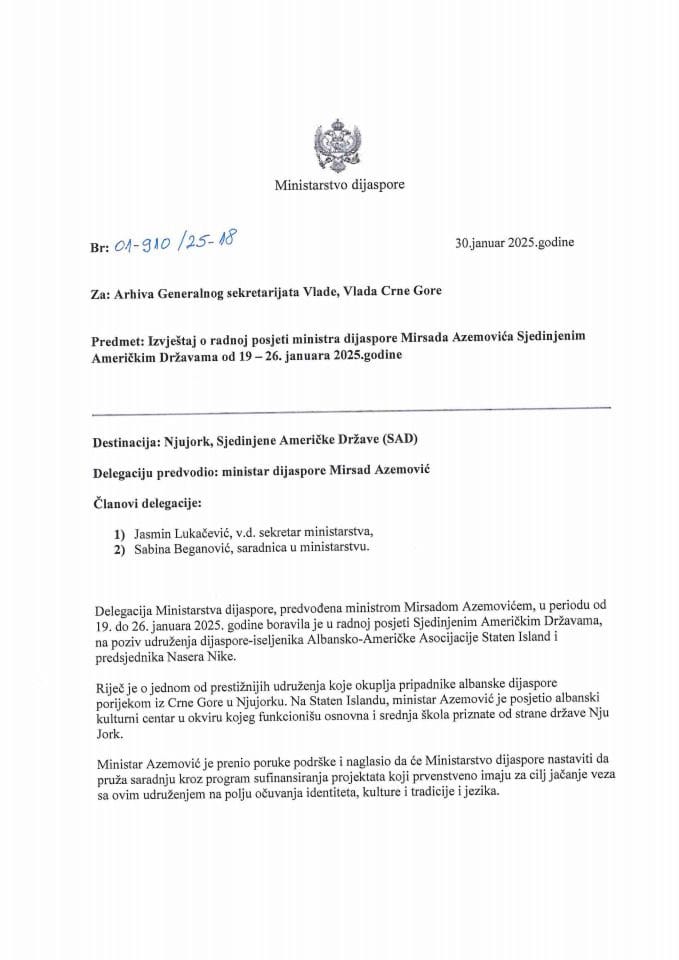 Извјештај о радној посјети министра дијаспоре Мирсада Аземовића Сједињеним Америчким Државама, од 19. до 26. јануара 2025. године