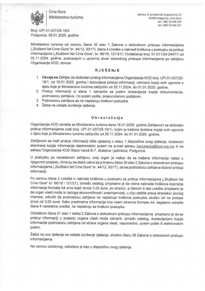 Informacije kojima je pristup odobren po osnovu zahtjeva br UPI 01-037-25-18-1 - Organizacija KOD od 16.01.2025. godine