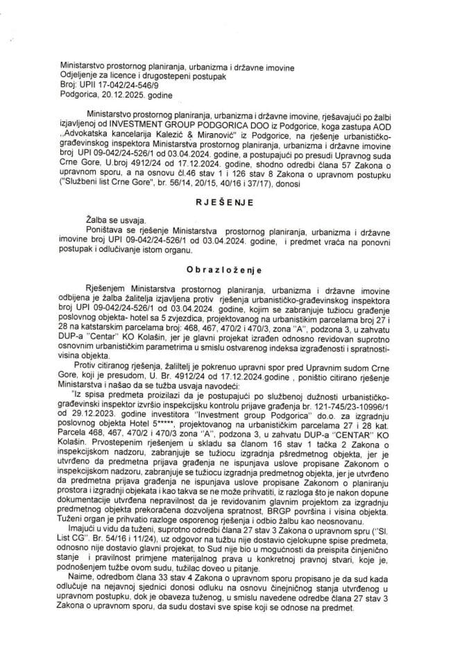 Drugostepena rješenja - UPII 17-042-24-546-9 DOO INVESTMENT GROUP PODGORICA DOO