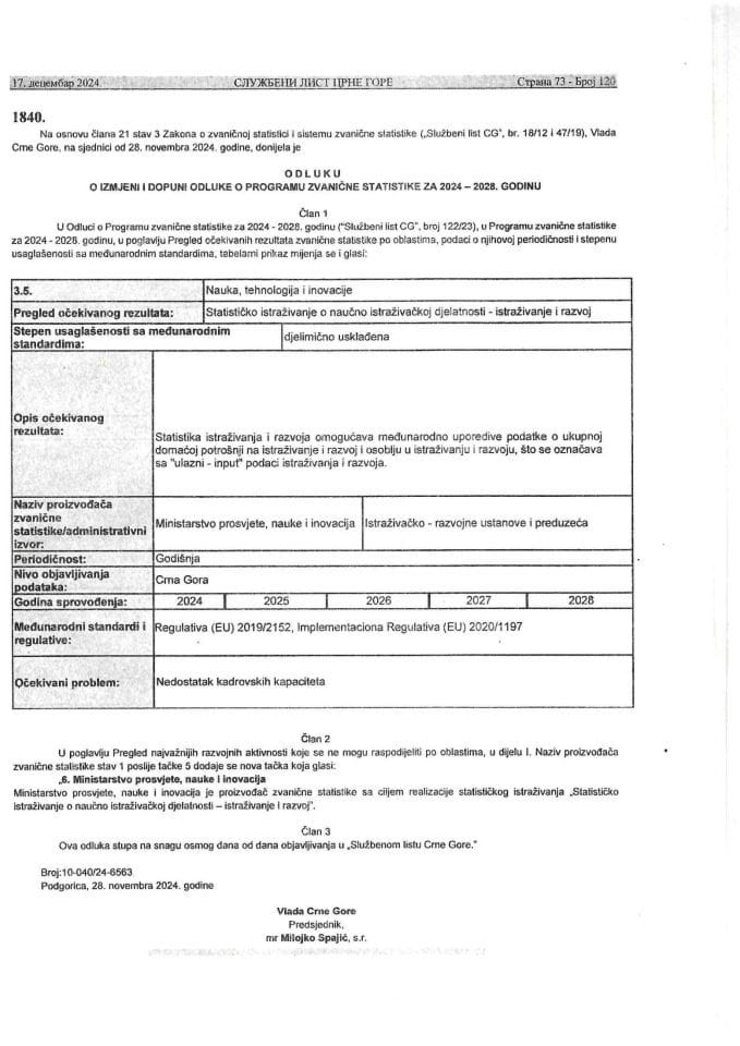 Odluka o izmjeni i dopuni Odluke o Programu zvanične statistike Crne Gore za 2024-2028. godinu