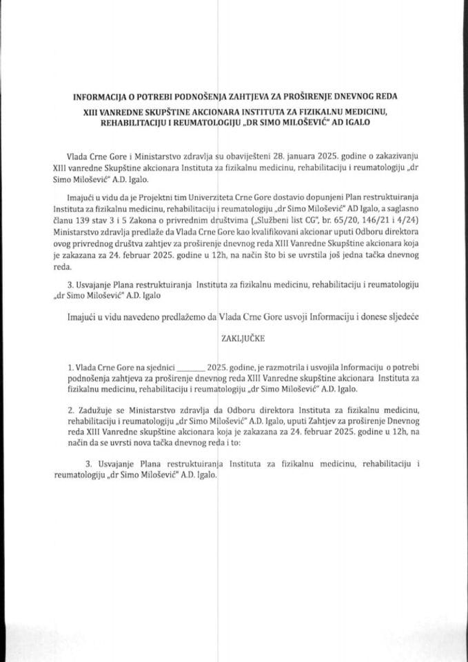 Informacija o potrebi podnosenja zahtjeva za proširenje dnevnog reda XIII vanredne Skupštine akcionara Instituta za fizikalnu medicinu, rehabilitaciju i reumatologiju "Dr Simo Milošević" AD Igalo