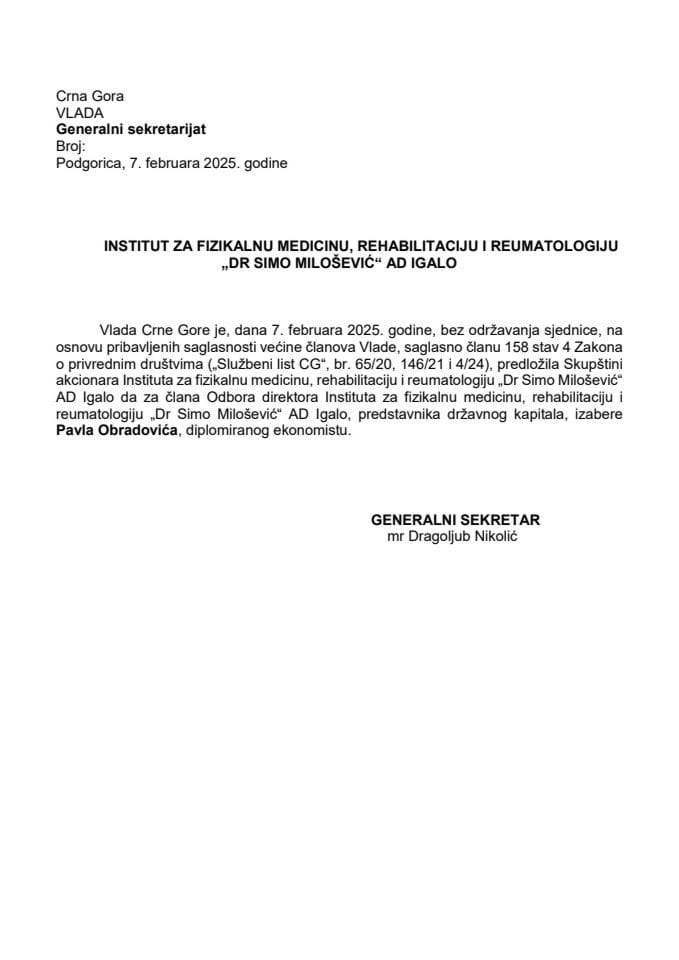 Predlog za izbor člana Odbora direktora Instituta za fizikalnu medicinu, rehabilitaciju i reumatologiju "Dr Simo Milošević" AD Igalo
