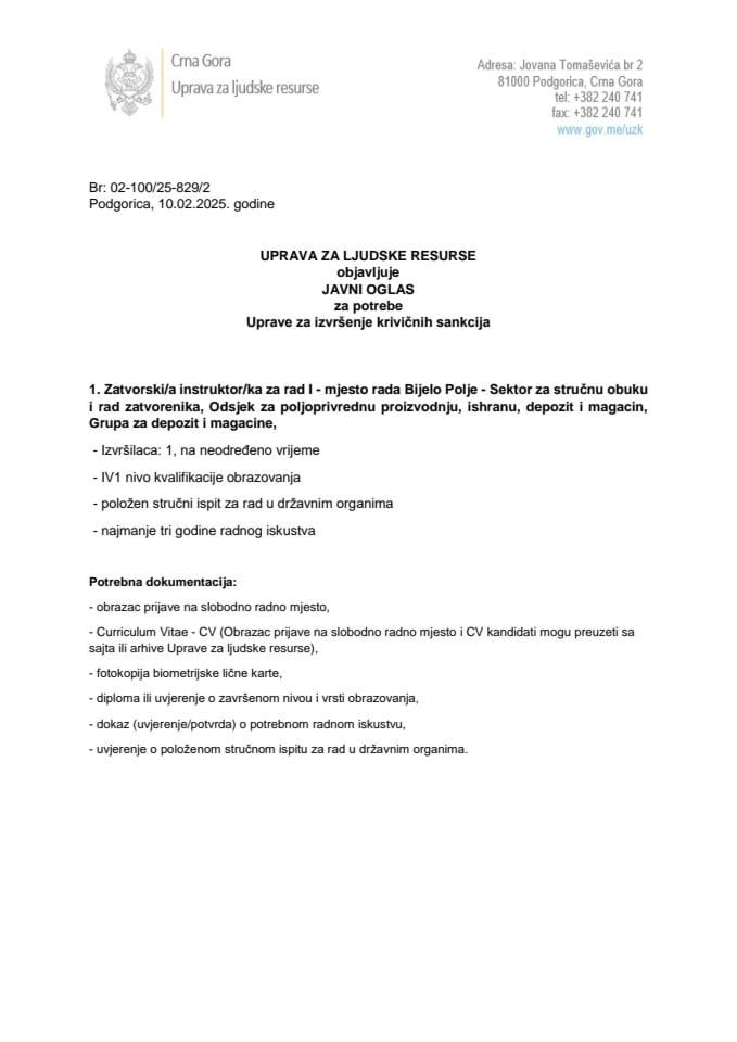 Javni oglas, 10.2.2025. godine