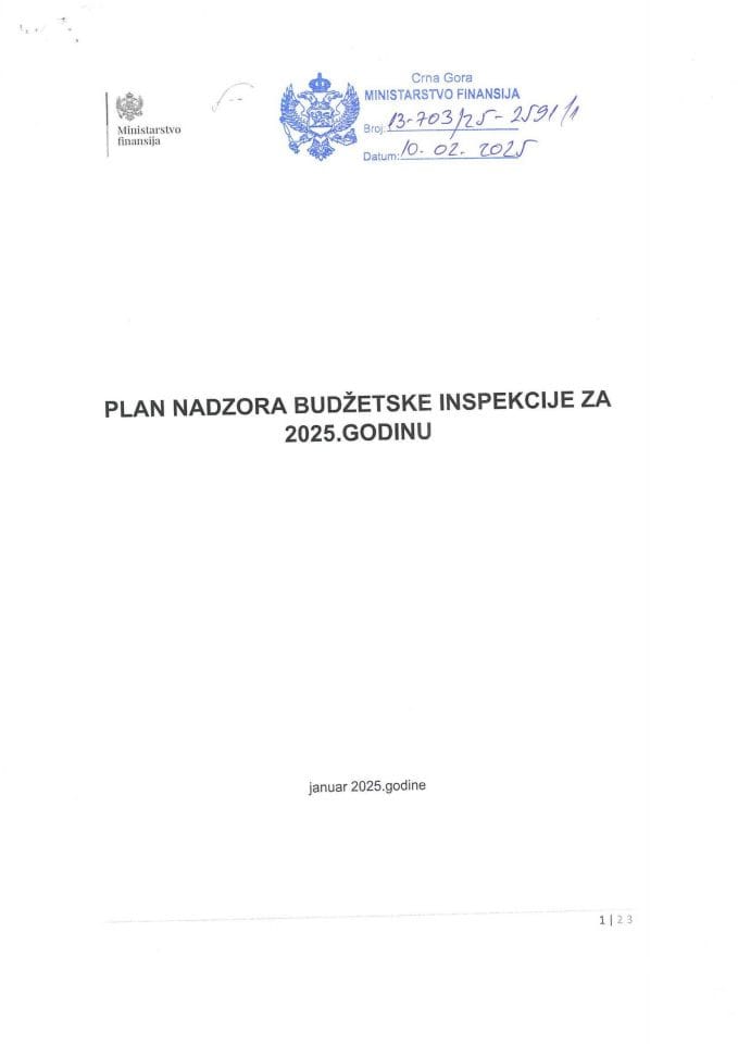 Plan nadzora budžetske inspekcije za 2025. godinu