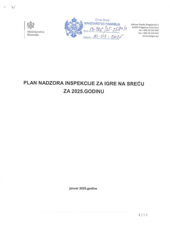 Plan nadzora inspekcije za igre na sreću za 2025. godinu