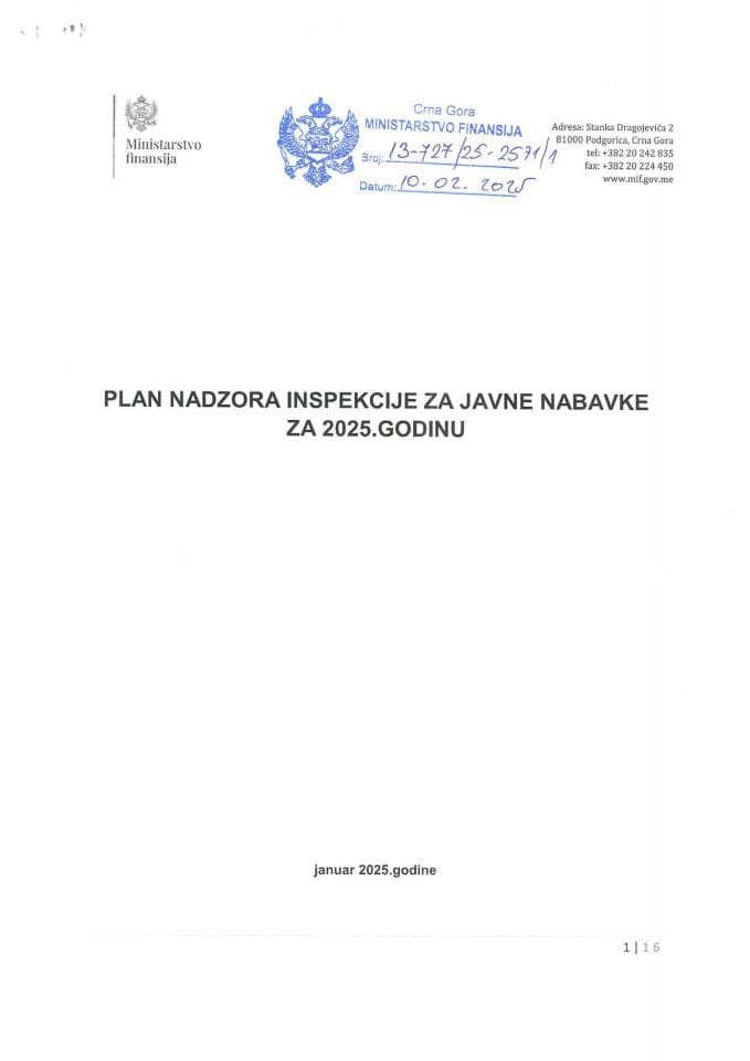 Plan nadzora inspekcije za javne nabavke za 2025. godinu