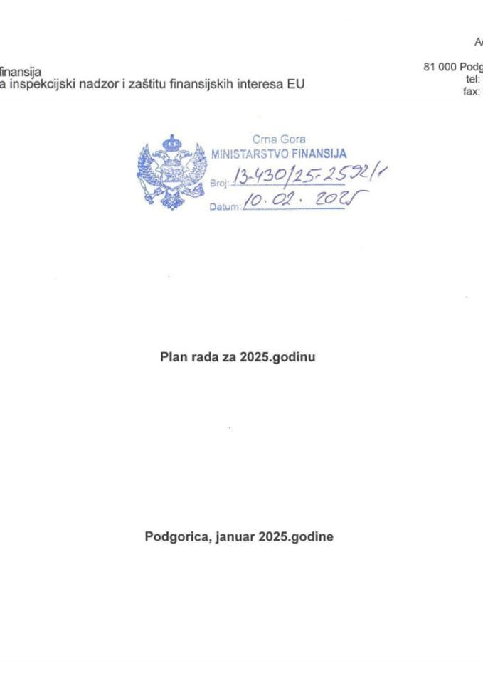 Plana rada Direkcije za zaštitu finansijskih interesa EU / AFCOS za 2025. godinu