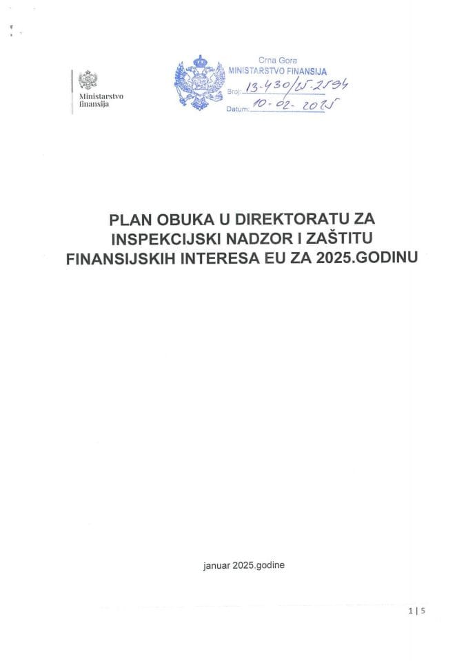 План обука у Директорату за инспекцијски надзор и заштиту финансијских интереса ЕУ за 2025. годину