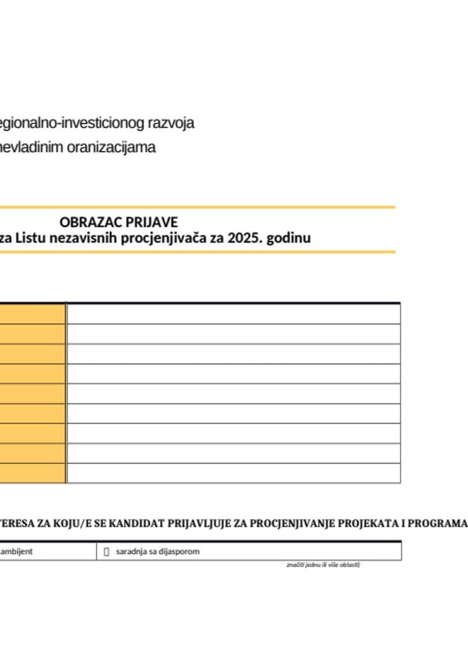 Obrazac prijave kandidata za listu nezavisnih procjenjivaca za 2025.