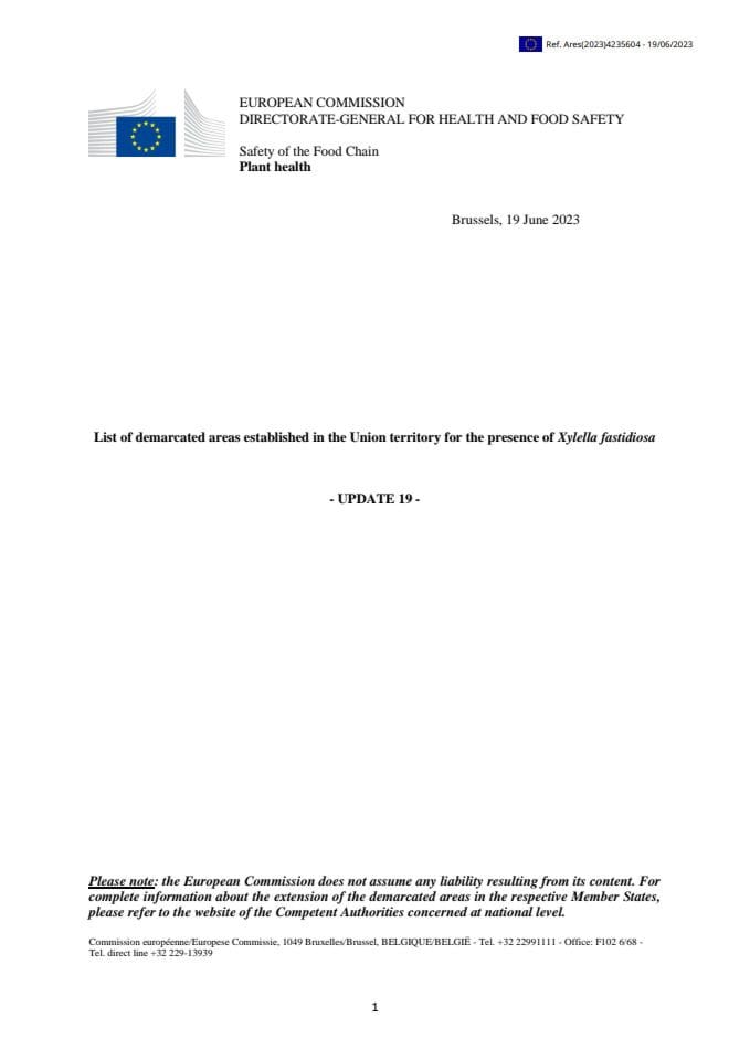 Јул 2023 - Ажурирана листа обиљежених подручја држава чланица ЕУ у којима је утврђено присуство Xyлелла фастидиоса