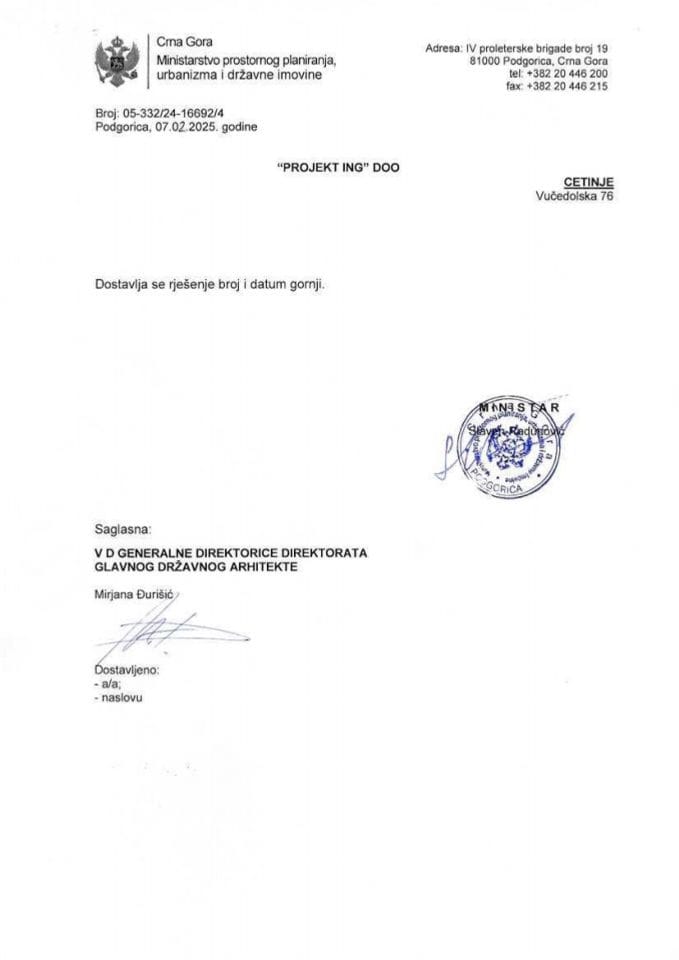 Rješenja glavnog državnog arhitekte - 07.02.2025 Rješenje Projekt Ing Doo Cetinje- Glavni grad Podgorica