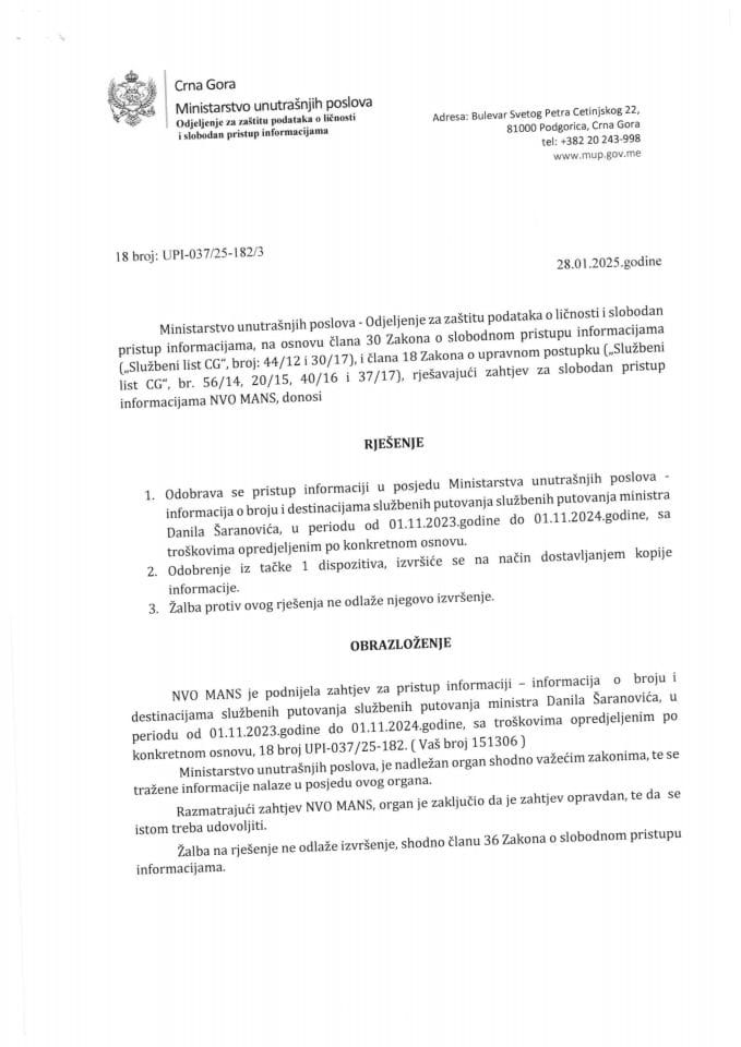 Rješenje br. 18-UPI-037/25-182/3