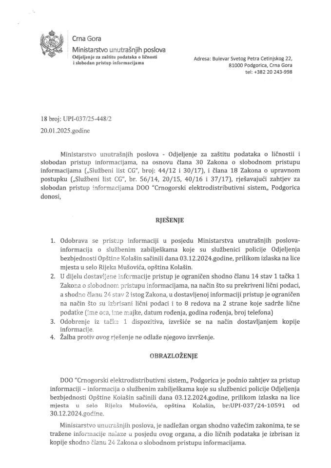 Rješenje br. 18-UPI-037/25-448/2